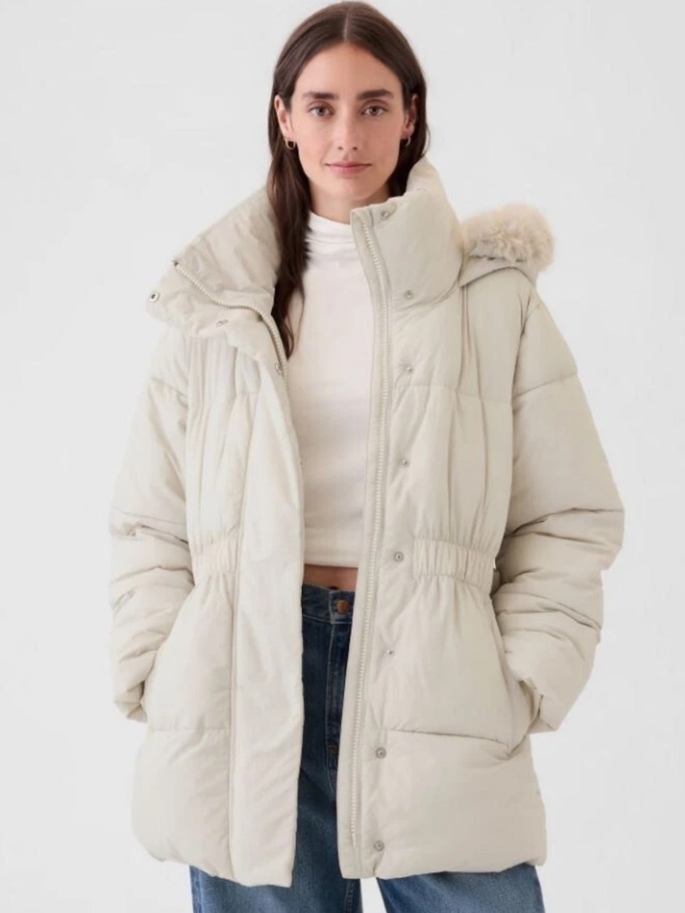 GAP Women's Light Gray Quilted Puffer Coat with Belt and Fur-Trim Hood